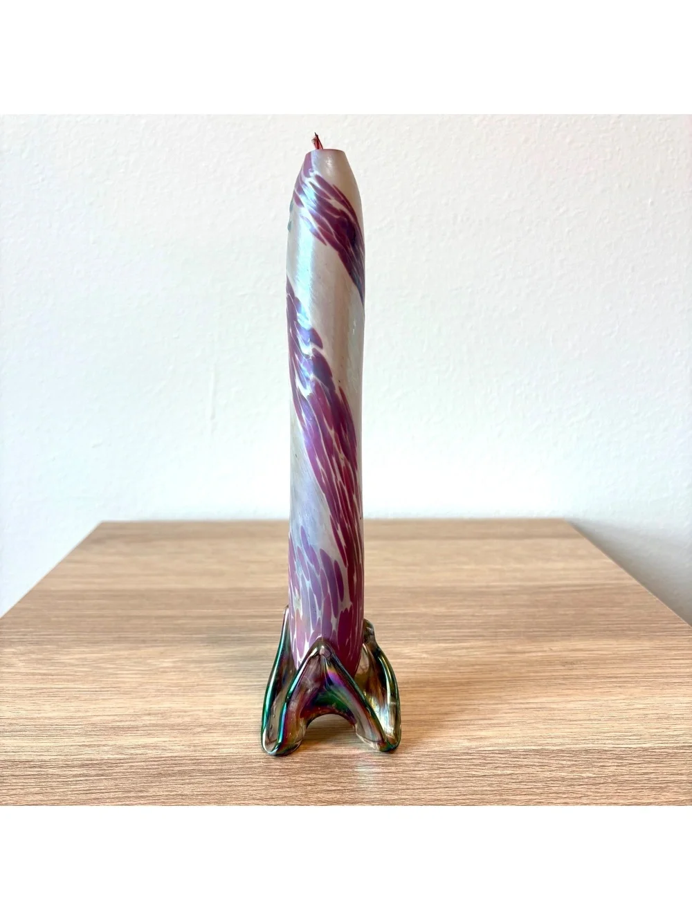 Vintage Hand Blown Art Glass Candle Iridescent Purple White Swirl 9.5” Tall